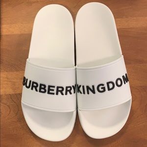 white Burberry slides